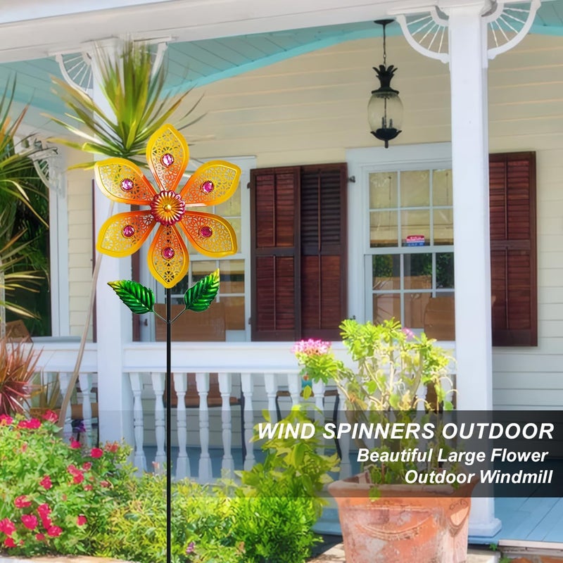 Senflame Metal Wind Spinners for Garden Decor Outdoor Windmill Sculptures, Durable Yard Art Wind Spinners Metal Wind Spinner for Patio Lawn Ornament (Bright Orange Flowers) - Image 2